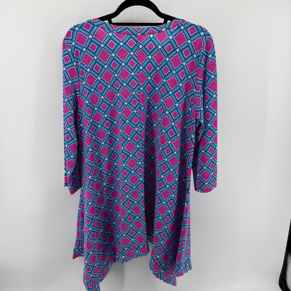 Honeyme Curvy Pink Blue Geometric Sharkbite Tunic Top V-Neck 3/4 Sleeve XL PAULA - Picture 6 of 7